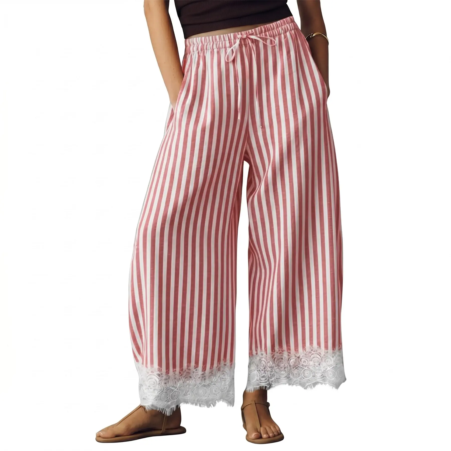 Hixiaohe Women's Striped Wide-Leg Casual Pants - Lace Trim Hem, Elastic Adjustable Waist with Drawstring, Side Pockets, Summer Loose Bottoms for Custom Fit, Basic, Soft Pants, Lightweight Flowy Pants
