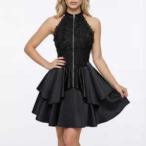 Rosegal Gothic Rose Flower Applique Lace Jacquard Zipper Ruffles Layered A Line Dress Formal Polyester Sleeveless Cocktail Party Mini Length Womenswear Basic Black Minimalist Elegant Fashion Chic Floral Fabric Workwear