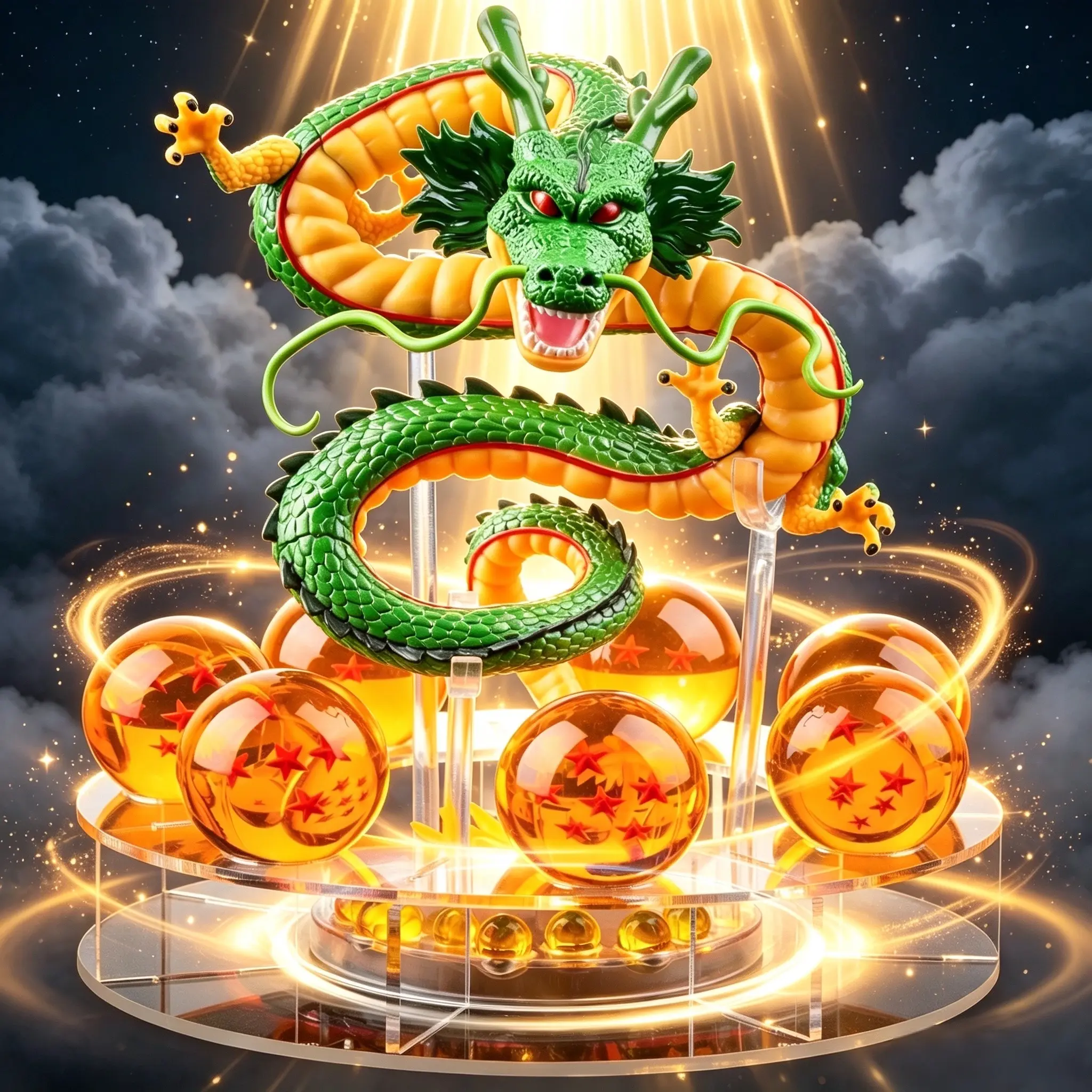 Shenlong Toy Set 7PCS - 3.6cm Transparent Star Dragon Crystal Balls + Smooth Dragon Sculpture, Decorative Desktop Collectible Ornament Gift Box, Ideal Xmas Birthday Present for DBZ Lovers, Modern