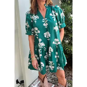 Green Frilled V Neck Puff Short Sleeve Floral Mini Dress