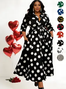 Plus Size Polka Dot Print Belted Button Front Shirt Dress, Elegant 3/4 Sleeve Tie Front High Waist Long Dress for Vacation Holiday Party, Women's Clothes for Summer