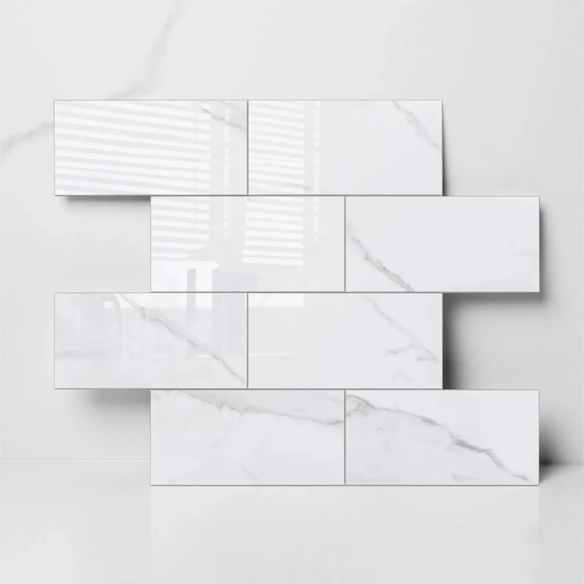 COLAMO Luxe Marble Subway Peel and Stick Wallpaper - Glossy Carrara White 12" x 12" Artificial Stone, Renter-Friendly, Easy-Install Self-Adhesive Accent Wall Decor, Soundproof, Water Resistant for Bathroom, Living Room