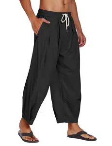 Coofandy Men's Cotton-Linen Harem Pants, Drawstring Casual Cropped Trousers, Lightweight Loose Beach Yoga Pants with Pockets