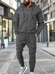 Men's Thick Hooded Sweatshirt Set, Full Zip Hoodie & Pants, Adjustable Drawstring, Kangaroo Pocket, Casual Gym Wear, Workout Sets, Fall&winter