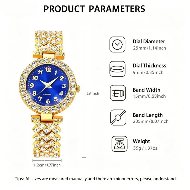 Blue Dial Crystal Watch & Jewelry Set | Full Bling 5-Piece Gold-Tone Stack