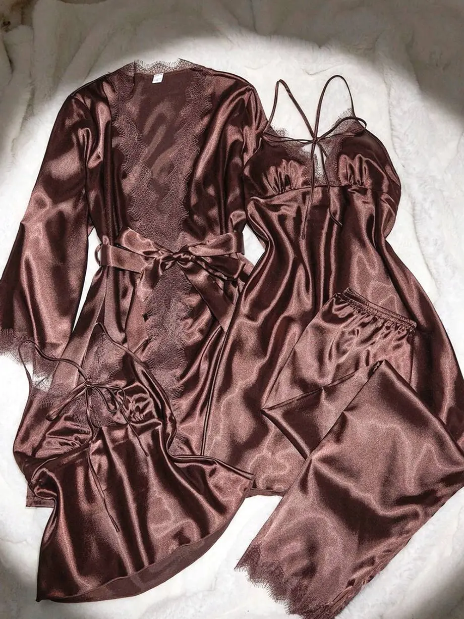 4-Pieces Set: Women's Sexy Deep V Camisole, Dress, Pants, Robe, Satin Sleepwear PJS, Coffee Color, All Season Brown PJS