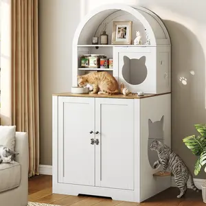 63" Large Cat Litter Box Enclosure Furniture, Arched Hidden Litter Box Cabinet with 3 Storage Shelves and Ventilation Holes, Wooden Cat House with Flip-Up Door, White and Natural