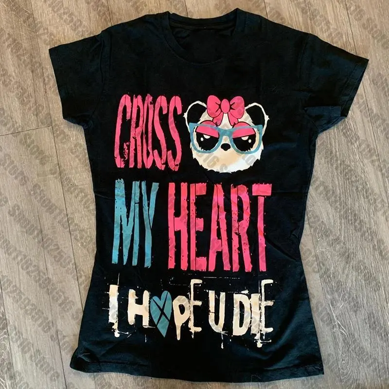 Panda Letters Print Gothic Vintage Punk Black Crop Tops Women's Streetwear Cute Grunge T-shirt Y2k Clothes Sexy Girls Baby Tee, Punk Goth T Shirts Y2k Style Clothes Emo Girls Streetwear 2000s Tops Anime Emo Oversized T-shirt Female