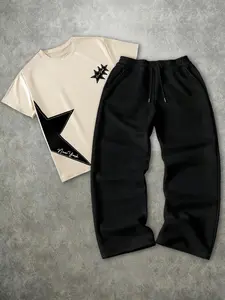 Men's Fashion Casual Star Letter Print Round Neck T-Shirt and Loose Straight Leg Pants Set, Street Style, All Seasons