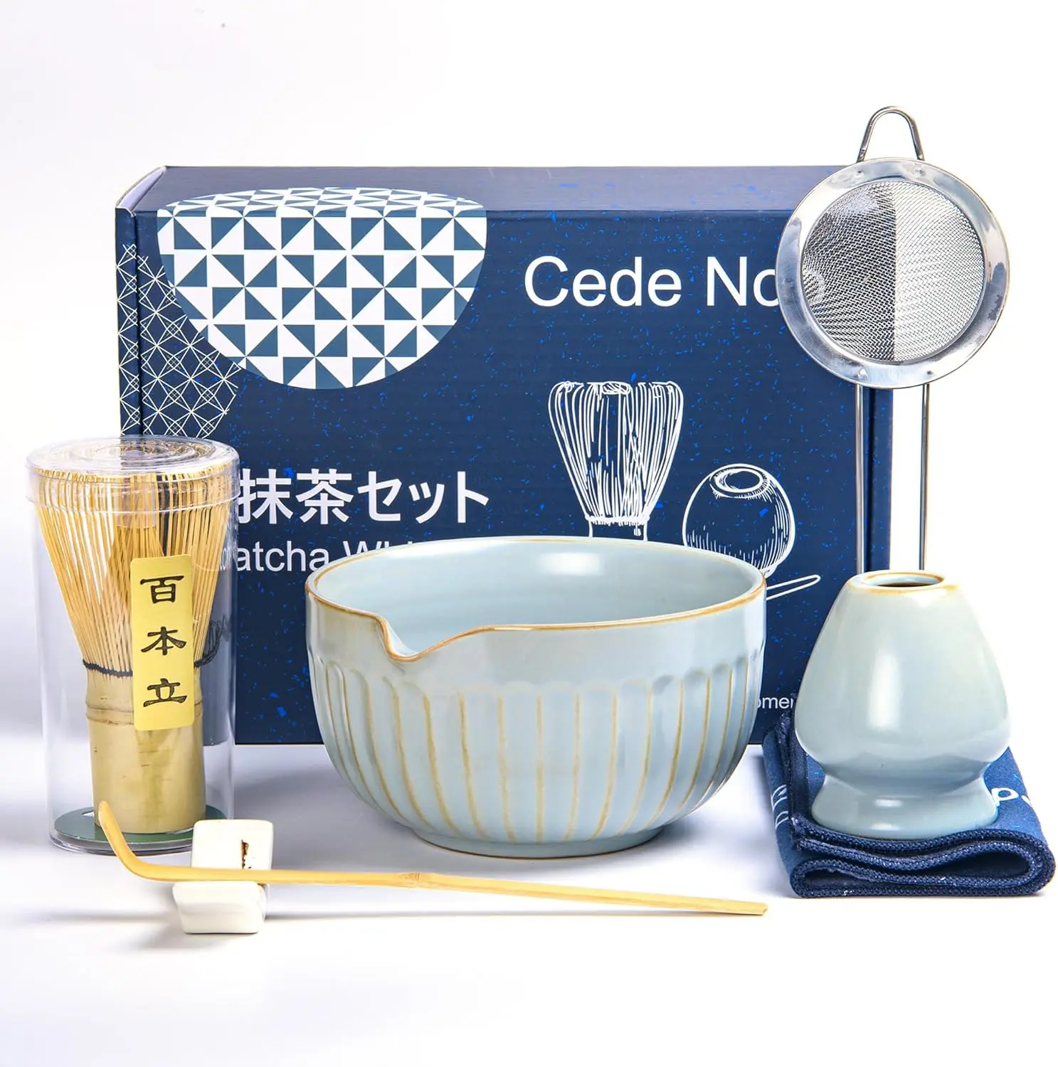 Matcha Whisk Set,   Ceremony Kit, 18oz Spout Bowl,  Whisk Scoop, Ceramic Holder Sifter Towel,7 pcs Matcha  Kit for Matcha Lovers, Christmas, Birthday (Sky Blue)