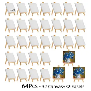 64Pcs Mini 4x4in Canvases & Easels Set - 32 Canvases, 32 Easels, for Oil, Acrylic, Watercolor, Perfect for Beginners, Kids Classroom Crafts, DIY Painting Supplies Gift