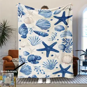 Spring Picnic Blanket Ocean Shell Starfish Pattern, Soft Flannel Throw for Outdoor Activities, Portable Thick Non-Woven Camping Mat