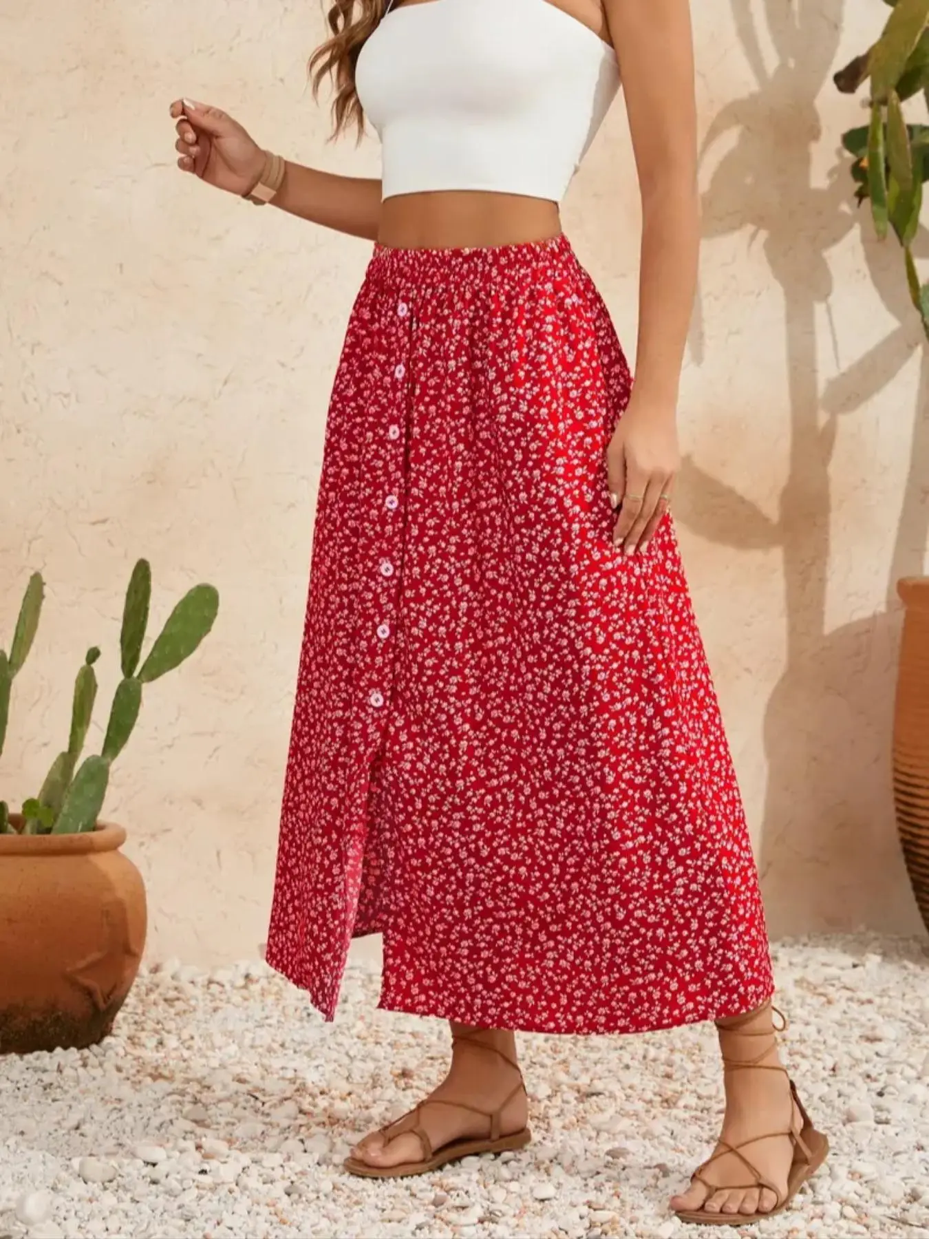 Women's Ditsy Floral Print Split Hem Skirt, Boho Casual Street Fashion Elegant Chic Skirt for Daily Holiday Vacation Wear, Ladies Bottoms for All Seasons, Boho Casual Skirts