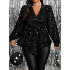 Elegant V-Neck Slim-Fit Blouse, Sparkly Sequin Patchwork Design, Comfortable Versatile Top for Daily Wear & Parties