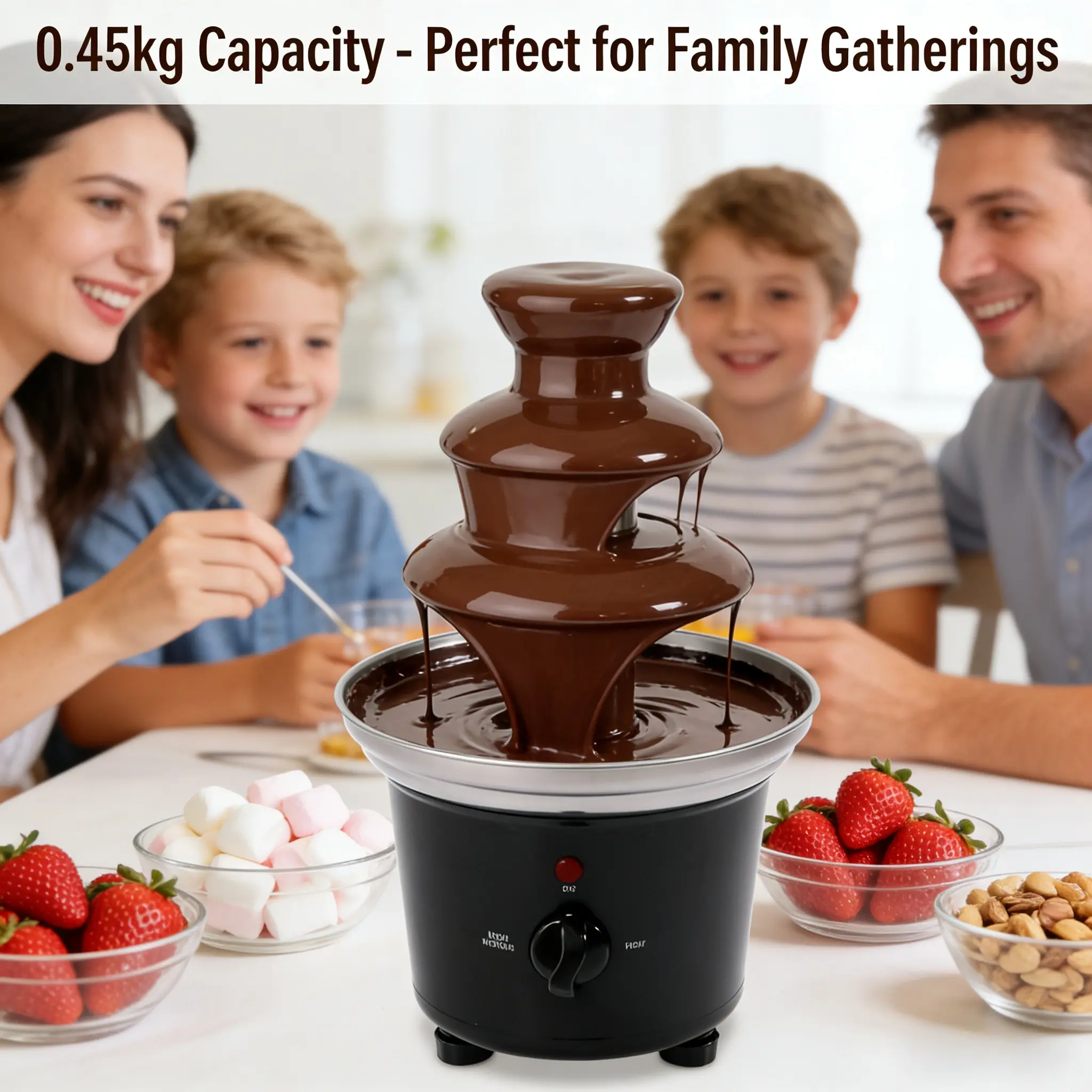 430 Stainless Steel 3-Tier Chocolate Fondue Fountain - 1lb Capacity, 40W 120V Corded Plug, 26x27.2cm, Rotating Spiral Rod, 6 Forks, Fruit Tray, Marshmallows Compatible Kitchen Cookware for Family Parties, Christmas