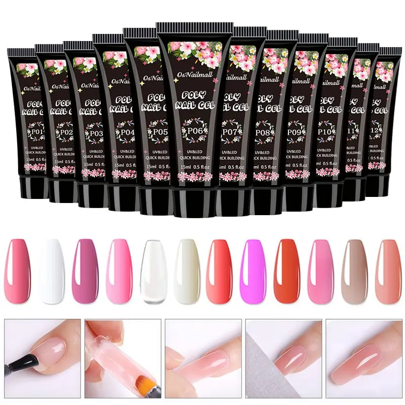 Osnailmall 12 Colors Poly Gel Polish Set for Nail Extension, Clear UV PolyGel Nail Design, Nail Gel Art, Crystal Quick Builder for Manicure