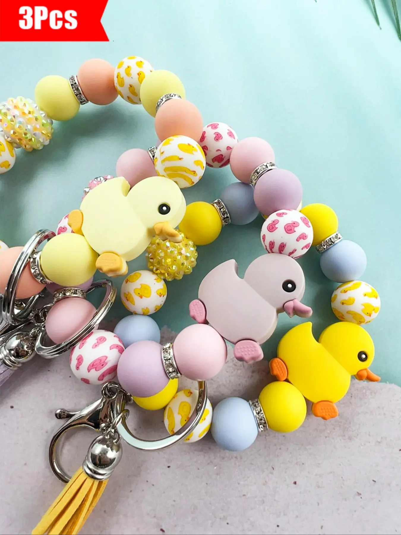 3pcs-Cute Duck Keychain Set, Polka Dot Beads with Rhinestones, Beaded Tassel Keychain, Perfect Gift for Friends & Mom, Daily Wear Accessory, Keychain for Bags, Keychains Cute