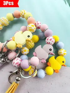 3pcs-Cute Duck Keychain Set, Polka Dot Beads with Rhinestones, Tassel Design, Perfect Gift for Friends & Mom, Keychain For Bags, Daily Wear Accessory, Keychain Bag Pendant