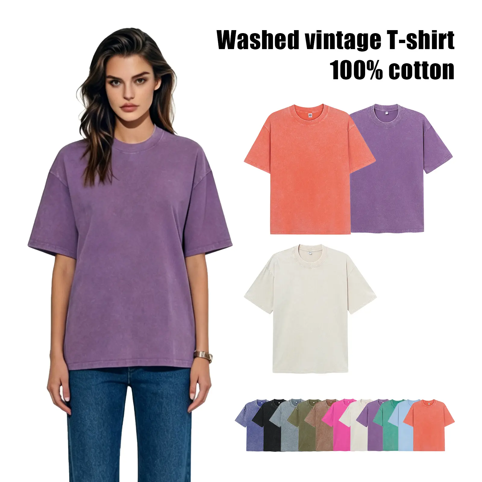 ACTCITY 3-pack, 230 g solid-color summer women’s short-sleeve T-shirts, 100% cotton with a vintage wash; suitable for everyday wear and an ideal gift for women, exuding a summery vibe.