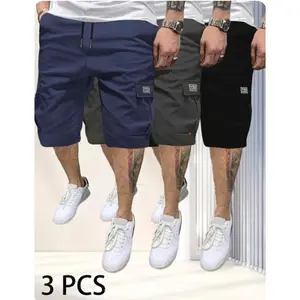 Men's Fitted Athletic 3-Piece Shorts Set, Menswear, Lightweight Fabric, Black/Gray/Khaki, Slanted Pockets, All Seasons, Versatile Casual Beach Vacation Wear, Runs Small - Recommend Choosing 1 Size Up