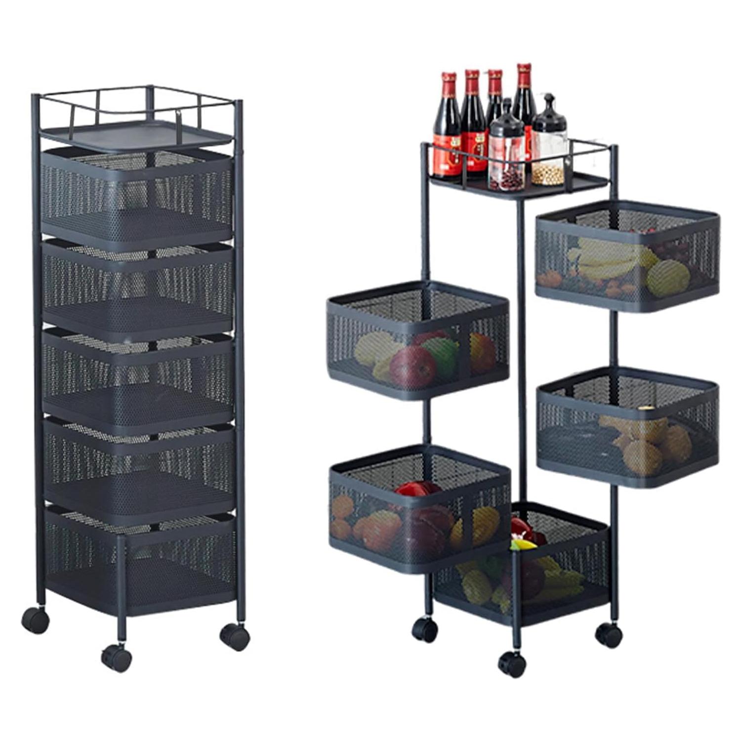 5 Tier Rotating Rolling Storage Cart with Top Lid & 360° Wheels, Metal Mesh Rolling Cart Organizer for Fruits Vegetables Groceries Potato Onion Corns, Kitchen Storage Cart No Assembly Black