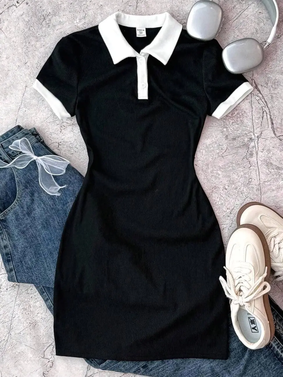 Teen Girls Preppy Polo Dress, Ribbed Knit Butterfly Embroidery Summer Casual Dress
