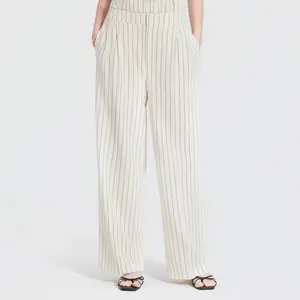 Women's Mid-Rise Straight Leg Pull-On Pants - A New Day Beige/Black Striped L