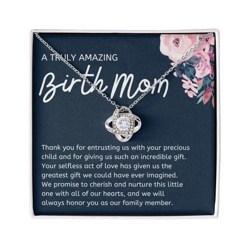Love Knot Necklace - Truly Amazing Birth Mom Gift 14k White Gold Plated Cubic Zirconia Handcrafted in Keepsake for Birth Mom, Birth Mother Adoption Gift, First Mama Gift, Adoption Gift to Birth Mom, Heart Necklace for Birth Mother, Birth Mom Keepsake