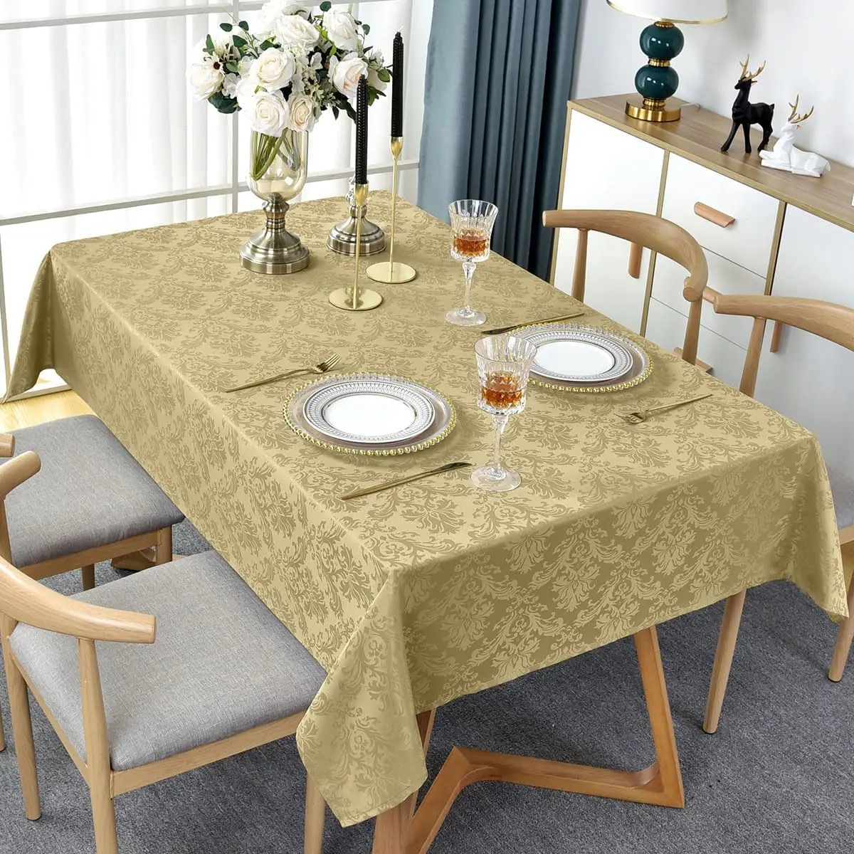 SASTYBALE Jacquard Tablecloth , Spill Proof Machine Washable Damask Table Cloth, Reusable Polyester Table Cover for Dining, Party, Indoor, Outdoor, Gold