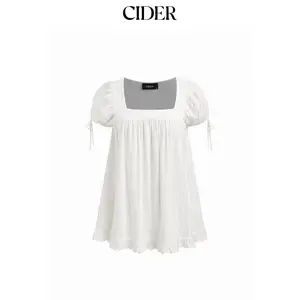 Cider Cotton-blend Square Neck Ruffle Knotted Oversized Blouse Curve & Plus