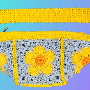 Handmade Crochet Sunflower Crossbody Bag - Retro Granny Square Fanny Pack - Boho Hip Purse - Yellow & Blue - Festival Belt Bag