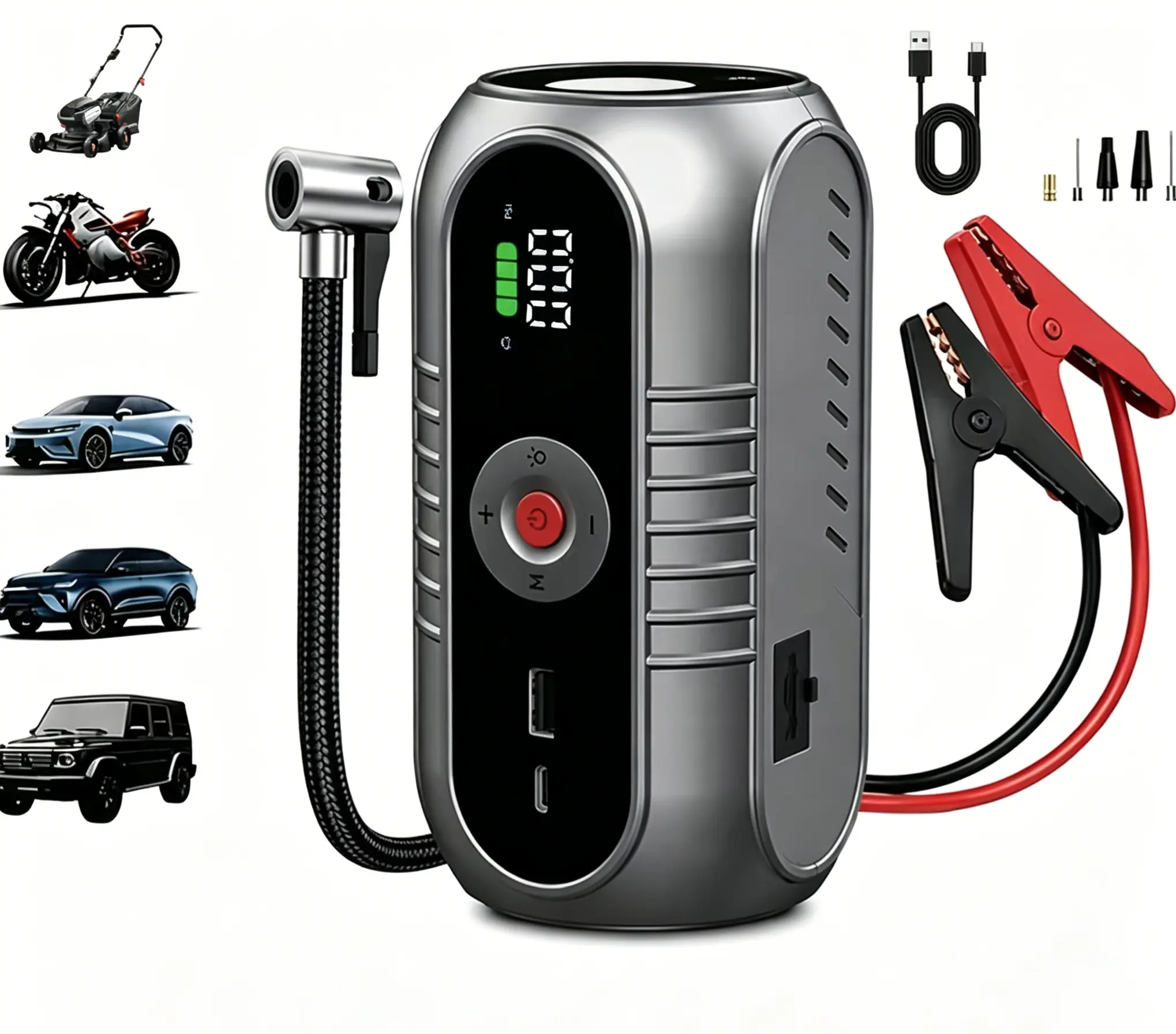 10-in-1 portable car emergency jump starter power bank with air pump, digital display tire inflator, car battery jumper pack, LED light, USB fast charging, multiple nozzle adapters for cars, motorcycles, bicycles, and balls
