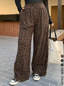 Women's Casual Leopard Print Elastic Waist Corduroy Loose Fit Pants, Womenswear, Comfortable and Stylish, Suitable for All Seasons, Perfect for Daily Wear, All Season, Back To School Clothes, Everyday
