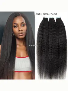Kinky Straight Remy Hair Kinky Straight Tape in Hair Extensions Human Hair 20pcs/Piece #1B Yiki Straight Real Hair for Pretty Lady.