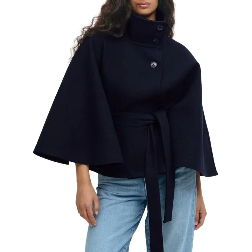 IDEALSANXUN Womens Cape Coat Fall Winter Crop Wool Coats Poncho Jackets Peacoat | Woolen Fabric, Cropped Length, Stand Collar, Batwing Sleeve with Belt vintage