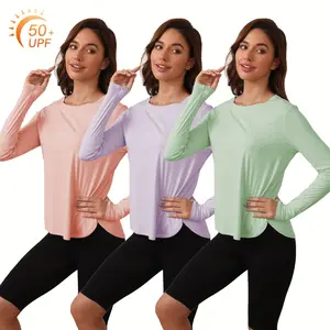 Women's Lightweight Long Sleeve T-Shirt with Curved Hem - Light Grey Solid Color for Hiking, Fishing, Outdoor Fitness & Running - Machine Washable, Hiking Accessories, Travel Friendly Top, Stylish Outdoor Apparel, Durable Casual Wear UPF 50+ SPF