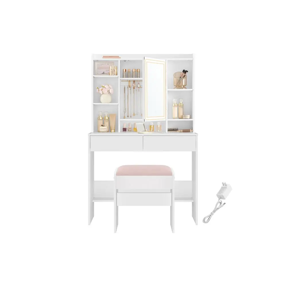SONGMICS Vanity Makeup Desk with Built-in LED Light Bar, Dimmable Lights, Adjustable Shelves, 7 Compartments, 2 Drawers, Upholstered Stool, Modern Vanity Table for Bedroom Beauty Organization, Built-In Led Light Bar Makeup Vanities