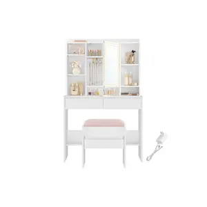 SONGMICS Vanity Desk with Mirror, Lights, Upholstered Vanity Stool, 7 Compartments, 2 Drawers, Dimmable LED Lights, Adjustable Shelves, Bedroom Use