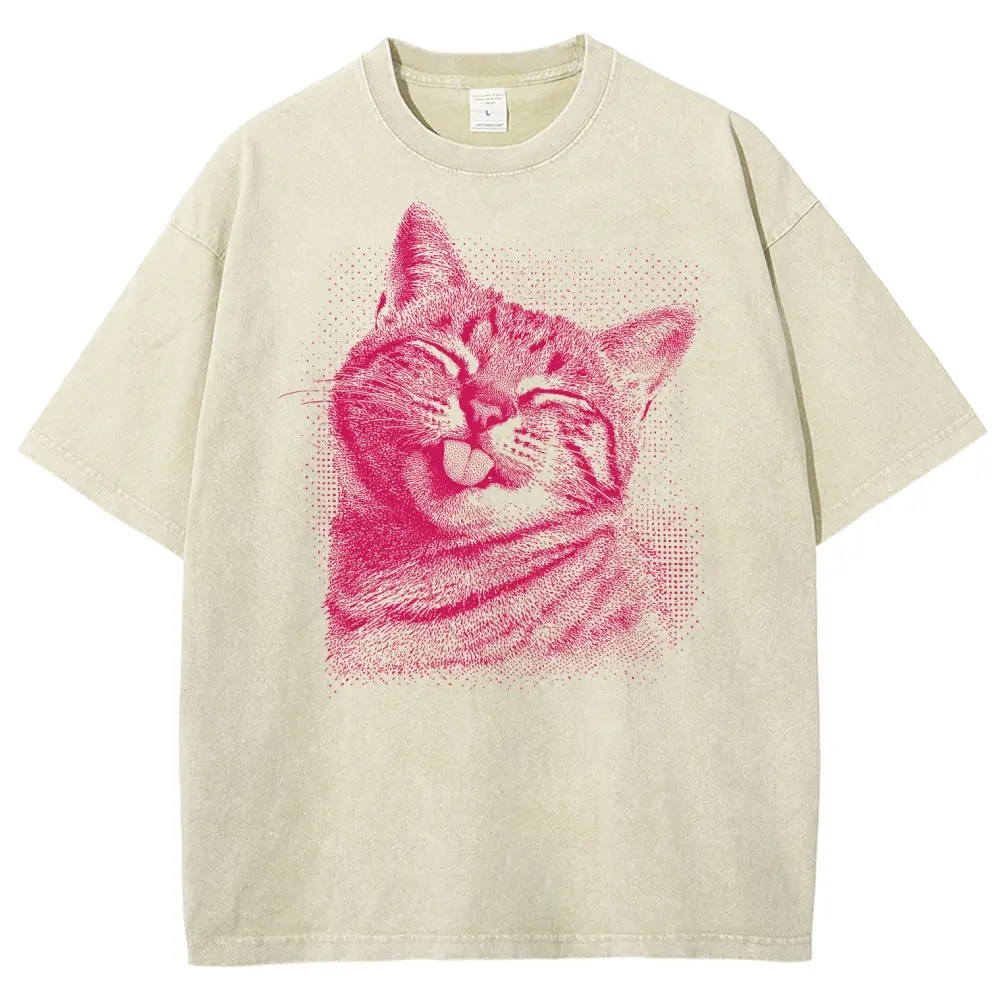 Happy Cat Tongue Out Graphic T-Shirt, Vintage Washed Style Tee, Pink Halftone Kitty Print, Gift For Cat Lovers