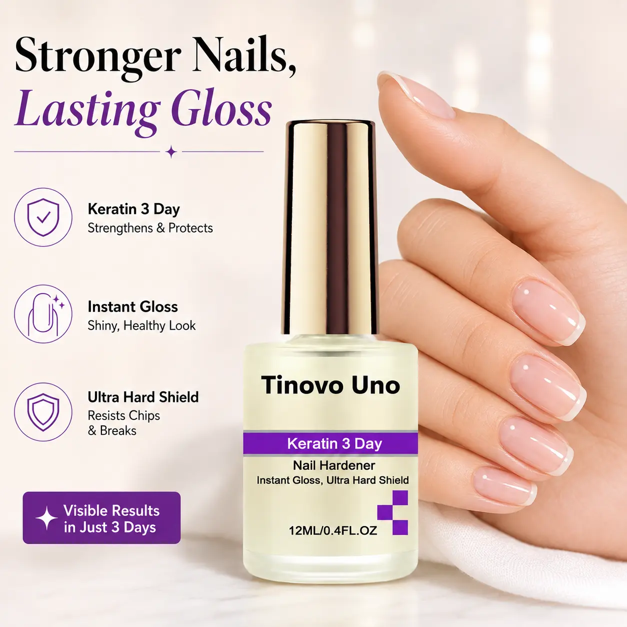 TinoVo Uno 3-Day Keratin Nail Hardener – Instant Gloss with Ultra Hard Shield, Strengthens Weak Nails, Prevents Chips & Breaks, At-Home Treatment, 12ml/0.4fl.oz