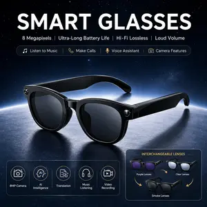 Smart AI Camera Glasses +3 Interchangeable Lenses (including 8 MP Photochromic Lenses); Button and Touch Controls; Real-time Translation in Over 160 Languages; Wireless Bluetooth Connectivity; Portable Video Recording; UV Protection. Wearable