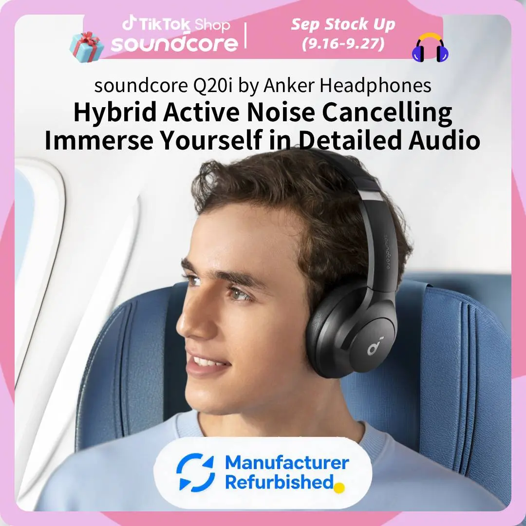 [Refurbished]soundcore by Anker Q20i Hybrid Active Noise Cancelling Headphones, Wireless Over-Ear Bluetooth, 40H Long ANC Playtime, Hi-Res Audio, Big Bass, Customize via an App, Transparency Mode