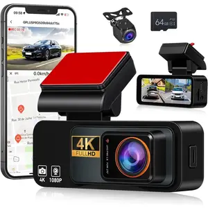 4K WiFi Dash Cam with Front and Rear Cameras, Car Camera with GPS, 64 GB Memory Card, Wi-Fi, Loop Recording, G-Sensor, and Night Vision