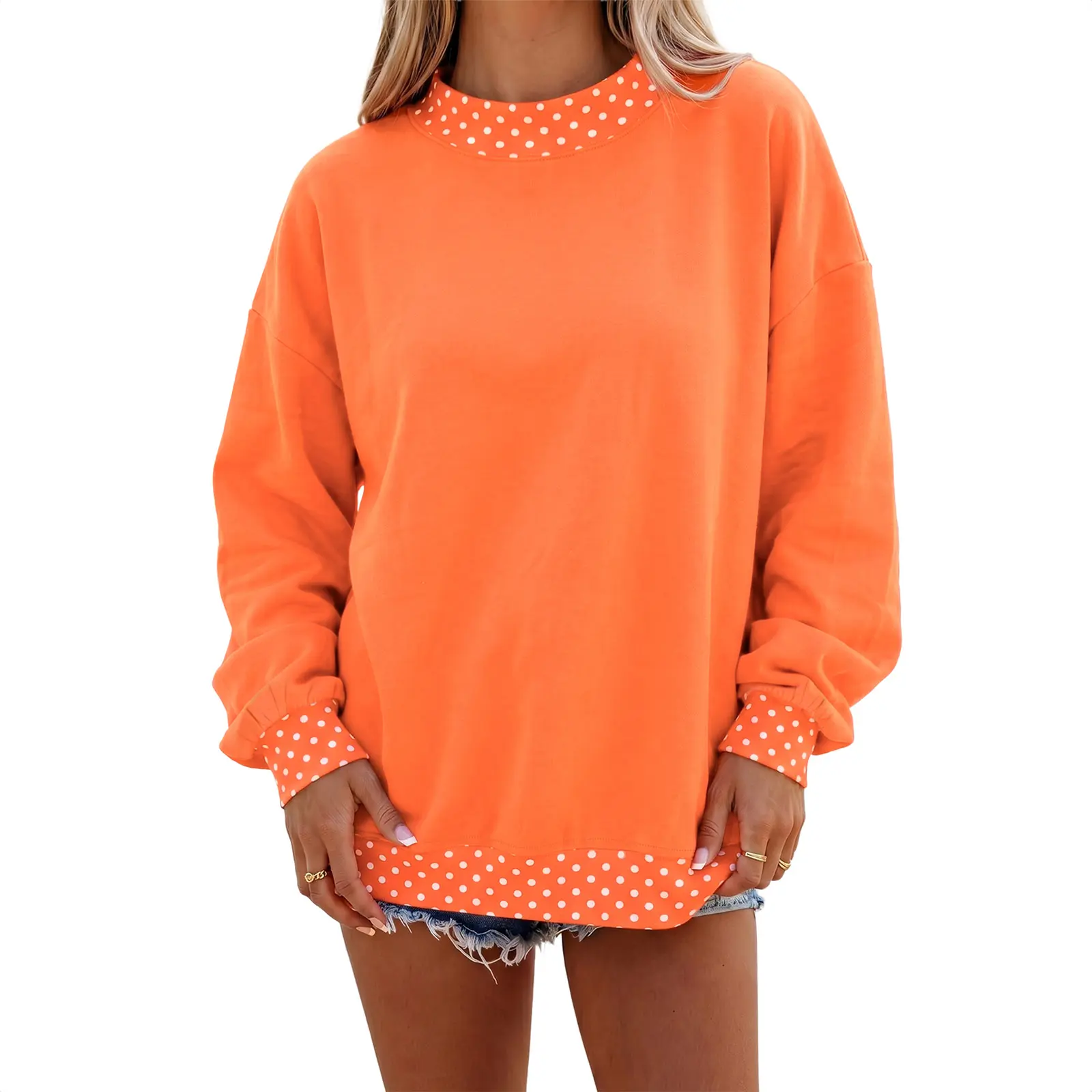 Asvivid Women Colorblock Polka Dot Contrast Trim Oversized Crewneck Sweatshirt Long Sleeve Pullover Top Casual Loose Sweatshirts Tops for Fall Winter Daily Wear #sohochic #backtoschool