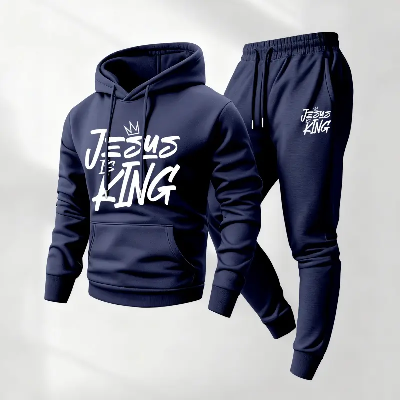 Men's 2-Piece Polyester Tracksuit Set - Long-Sleeve Loose Hoodie with Jesus Is King Print, Drawstring Full-Length Sweatpants, Smooth Fabric, Casual Fit for Fall Winter Daily Wear, Athleisure Outfit (2XL, 3XL)