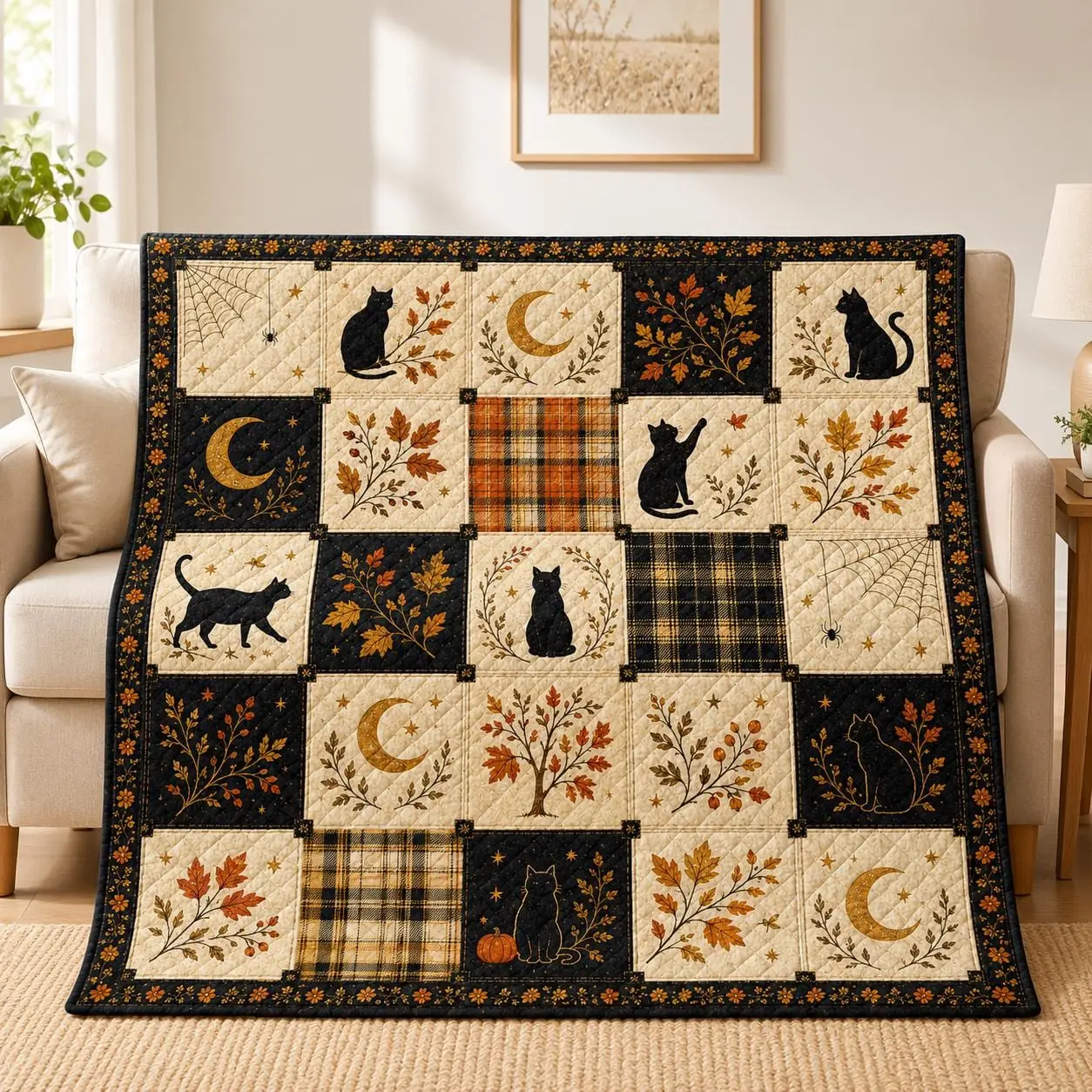 Black Cat Halloween Quilt Blanket, Autumn Patchwork Bed Throw, Crescent Moon Spider Web Bedding,