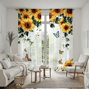 2Pcs Sunflower Butterfly Sheer Curtains, Floral Printed Transparent Voile Drapes, Modern Art Decorative Panels for Living Room Bedroom Kitchen Office Home Decor, Rod Pocket Design, Light Filtering Window Treatments, Aesthetic, Easy