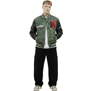 ROBIN Men's Jacquard Body with faux Leather Sleeve Varsity Jacket