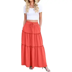 WEACZZY Women's Casual High-Waisted A-Line Polyester Maxi Skirt, Layered Pleat, Flowy, Elegant, All-Seasons, with Pockets,summervibes