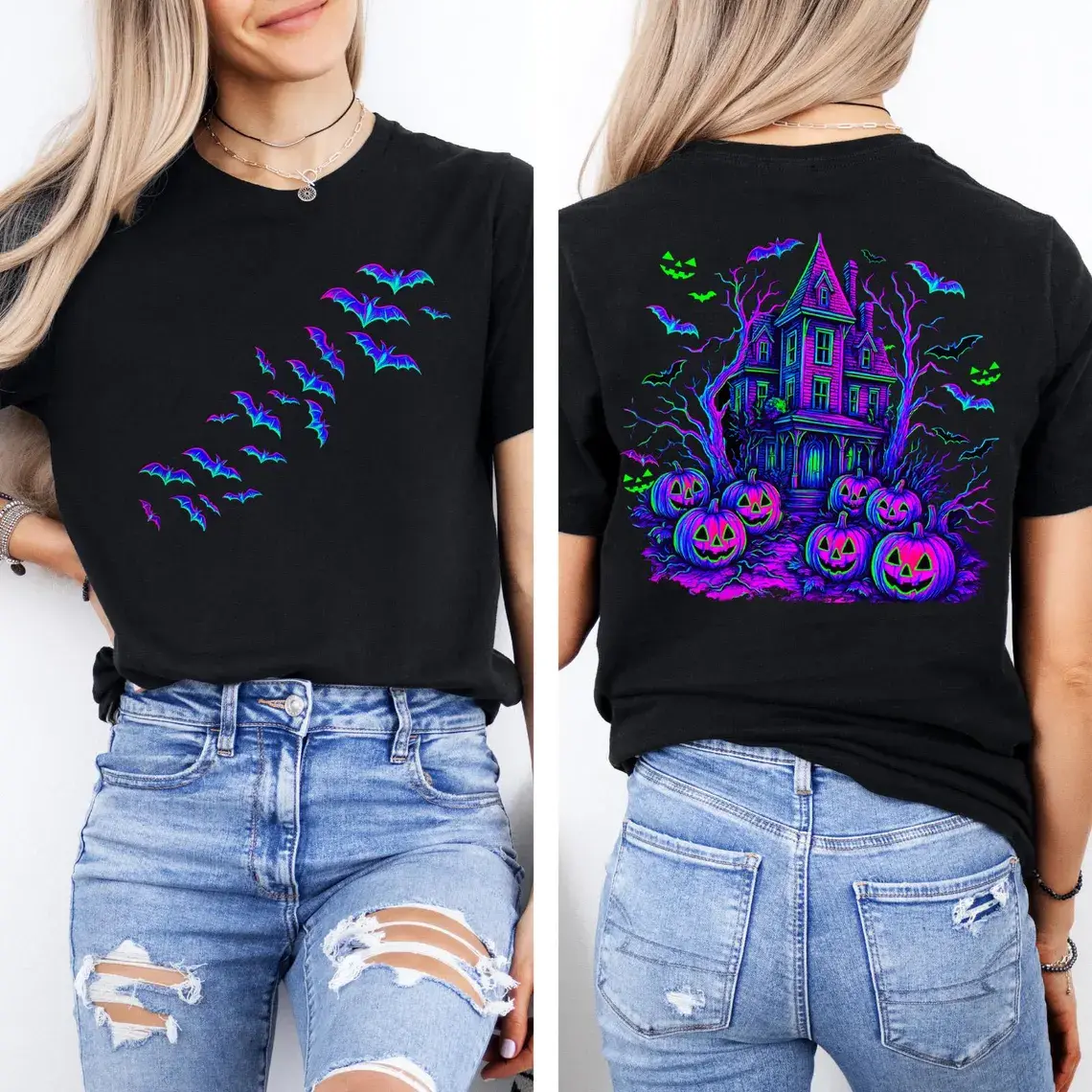 Women's Short-Sleeve Round Neck Loose Casual Tee Black - Double-Sided Neon Haunted House Pumpkin Bat Jack O' Lantern Print, Retro Gothic Vintage Spooky Top, Plus Size Tops for Party Streetwear (Pumpkin Graphic Women's T-Shirts), Shortsleeve, Spooky Print,